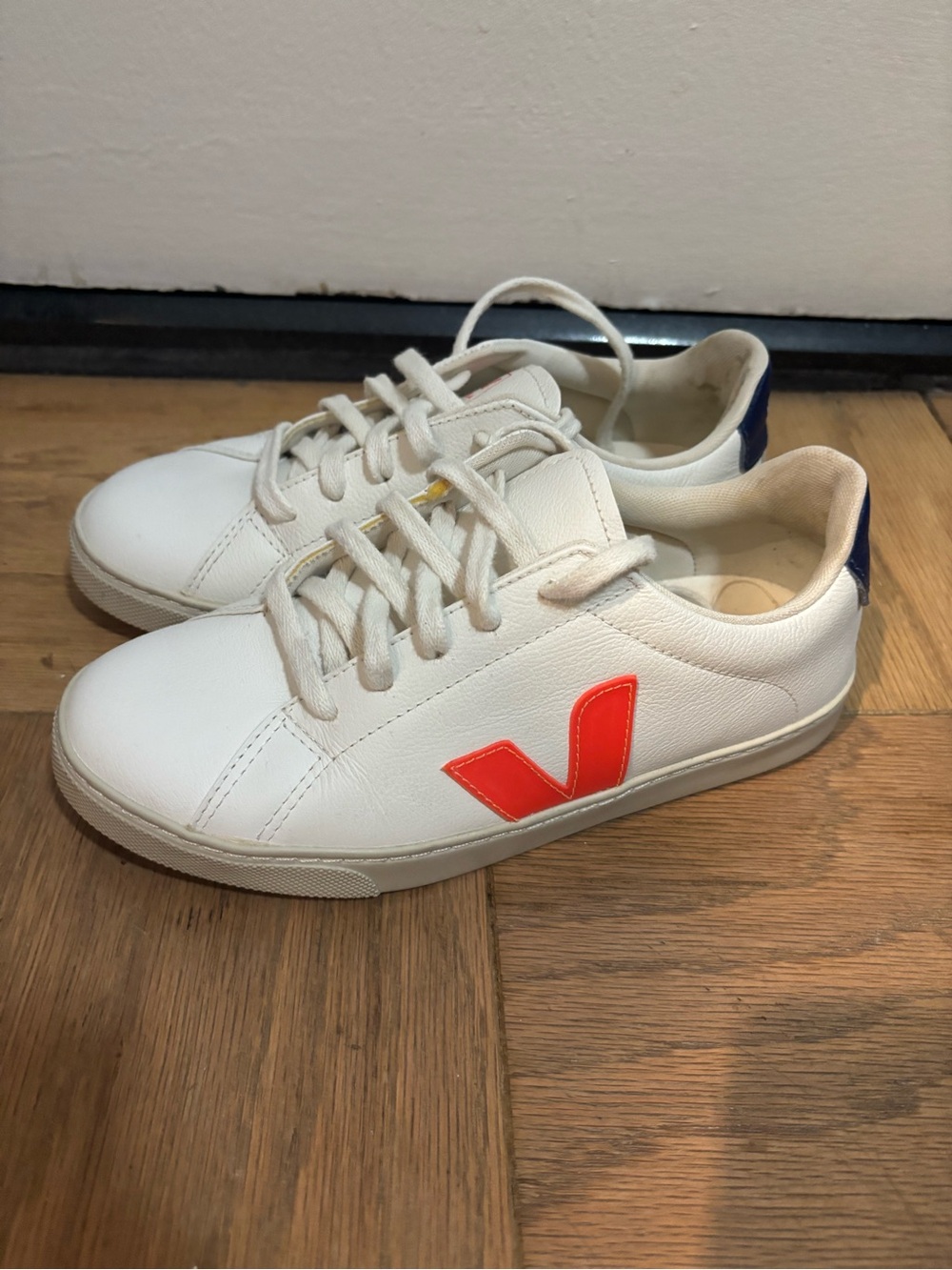 Veja Kids White Sneakers with Bright Orange V Accent and Navy Heel